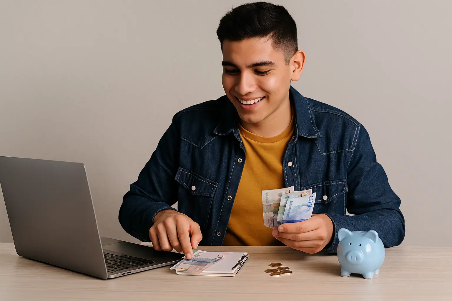 Joven colombiano contando billetes y organizando su presupuesto con una laptop, un cuaderno y una alcancía sobre la mesa, representando el proceso de ahorro para comprar un celular o una moto sin recurrir a deudas.