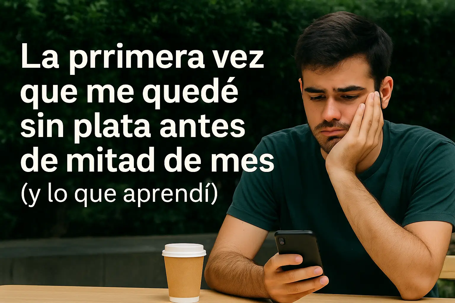Hombre joven con expresión preocupada sentado en una mesa al aire libre mirando su celular, acompañado de un café, ilustrando una historia real sobre quedarse sin plata antes de mitad de mes.