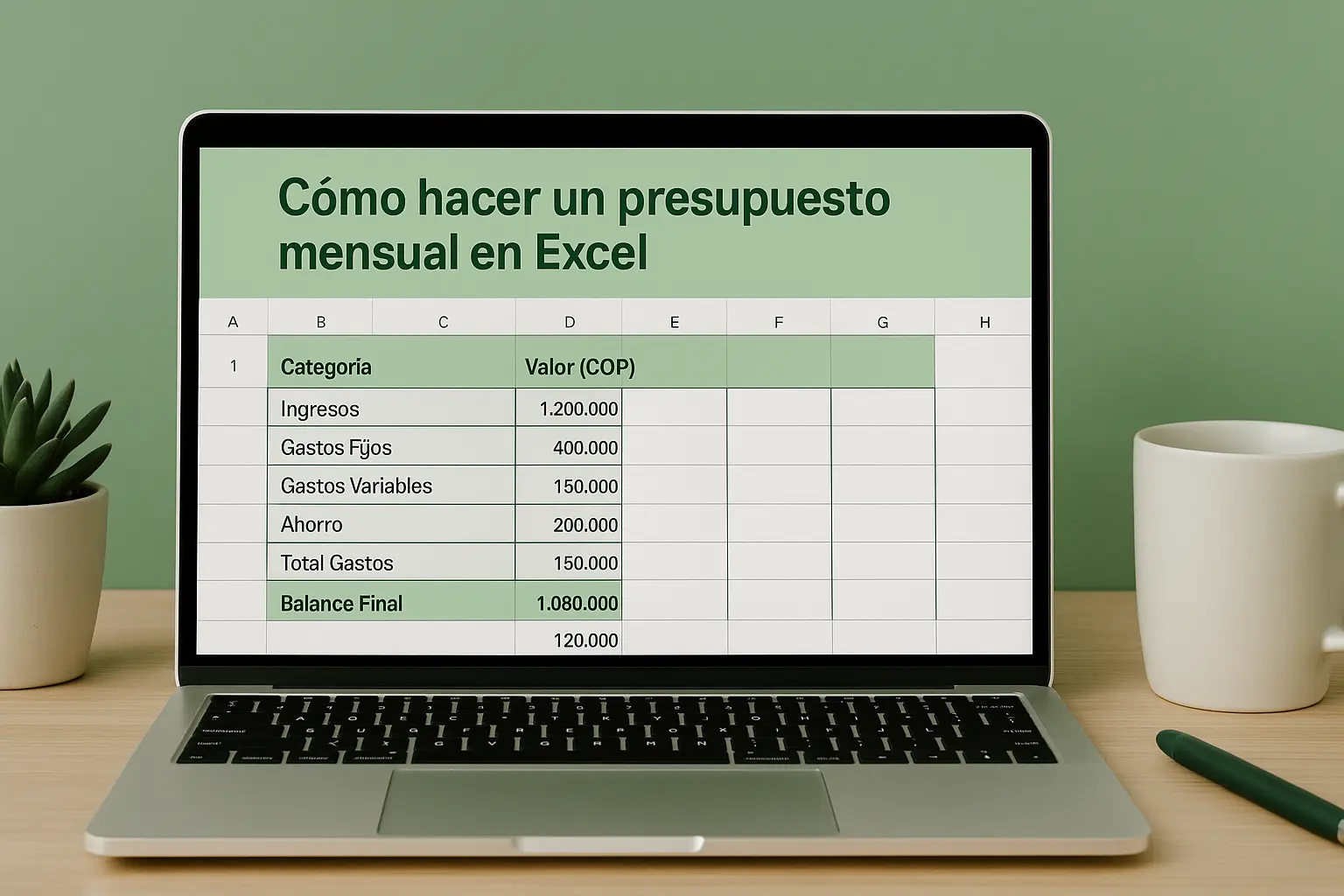 Persona elaborando su presupuesto mensual en Excel con una hoja de cálculo abierta en el portátil, mostrando ingresos, gastos y balance final, ideal para jóvenes que inician su organización financiera