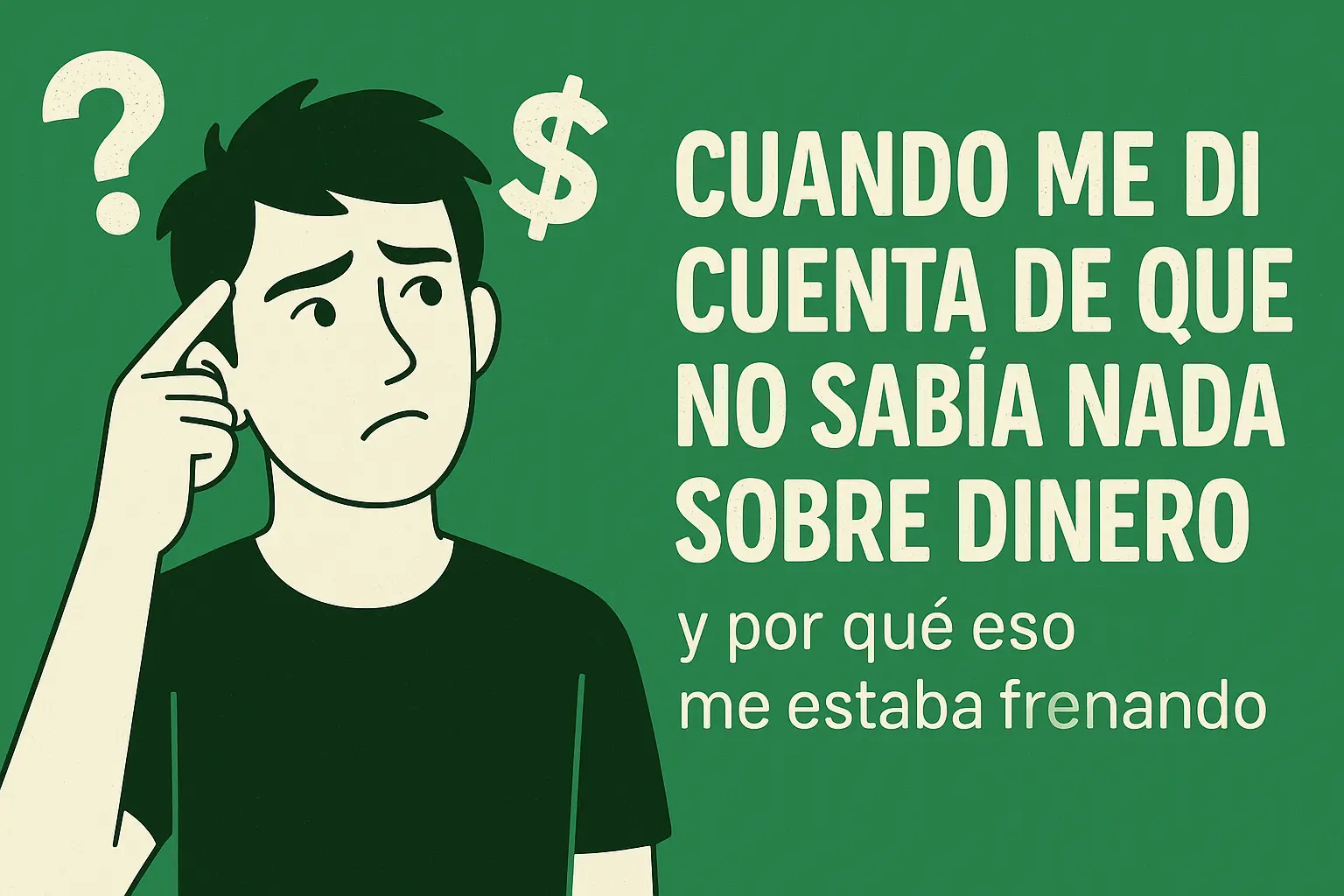 Ilustración de un joven con expresión confundida tocándose la cabeza, junto a un signo de interrogación y un símbolo de dólar, representando el momento en que se da cuenta de que no sabe manejar su dinero y cómo eso afecta su vida financiera.