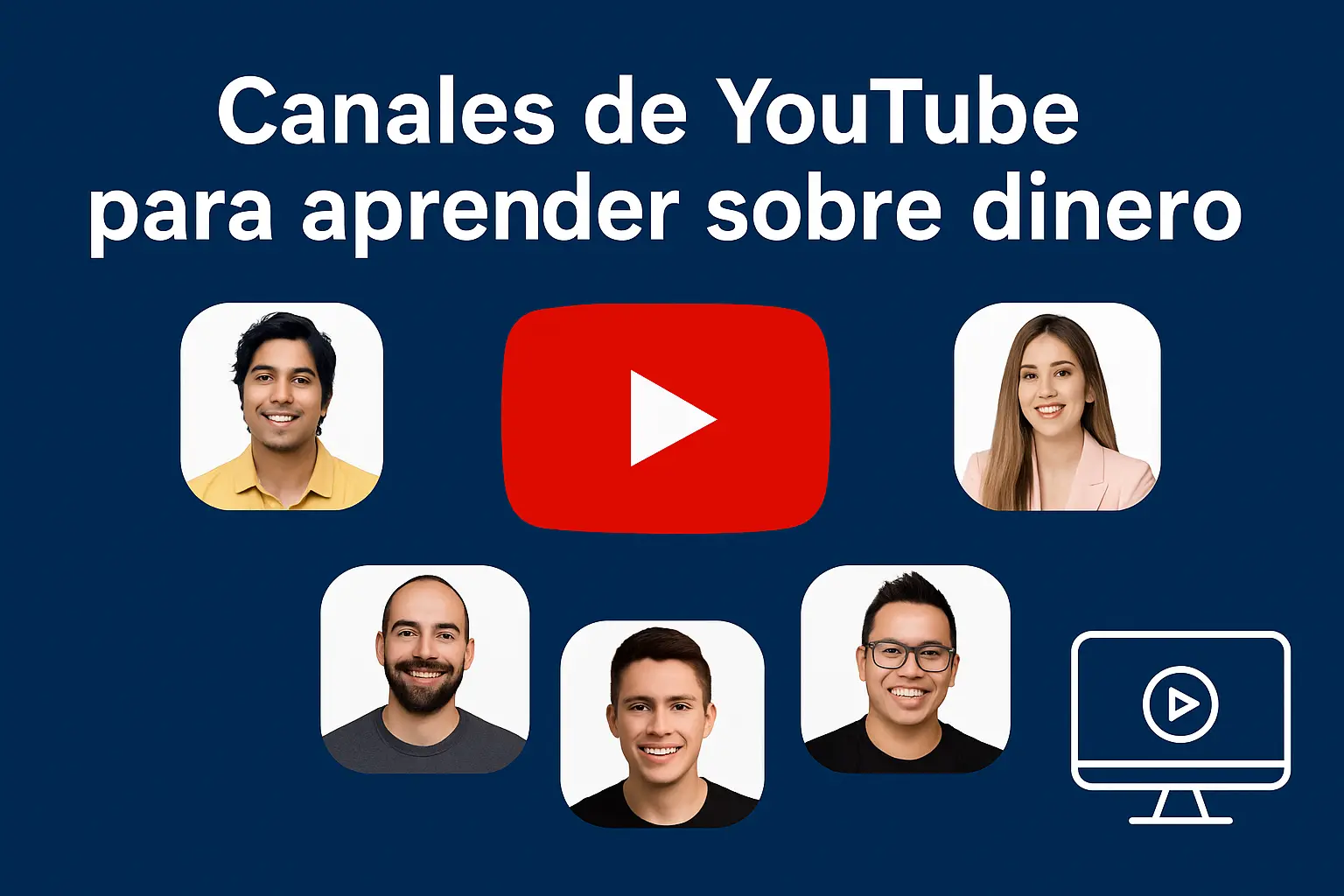 Ilustración digital de cinco canales de YouTube recomendados para aprender sobre dinero y educación financiera gratuita para jóvenes en Latinoamérica