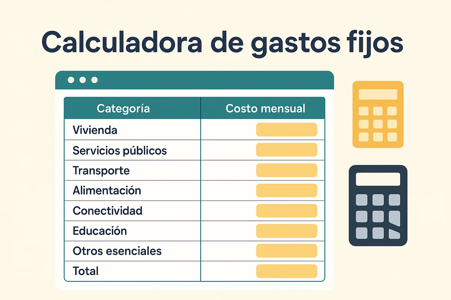 Ilustración de una calculadora de gastos fijos en Excel con categorías mensuales, usada por jóvenes para controlar sus finanzas