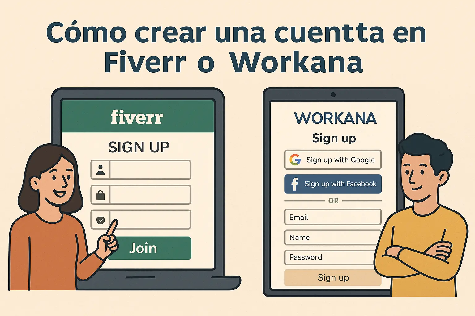 Ilustración de una persona creando su cuenta en Fiverr o Workana desde un computador portátil para empezar a trabajar como freelancer