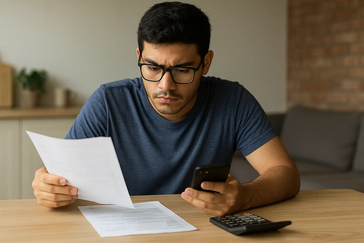 Joven revisando su presupuesto en papel y celular para saber como organizar su dinero desde cero