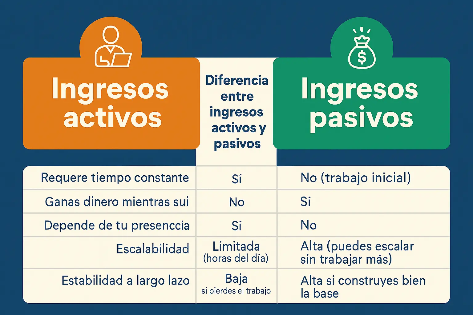 Infografía en español que muestra la diferencia entre ingresos activos y pasivos para lograr libertad financiera