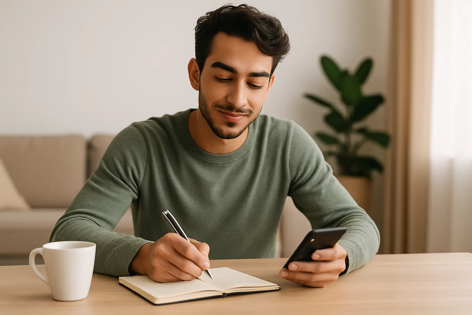 Persona joven escribiendo su presupuesto en una libreta mientras aprende cómo ahorrar dinero sin dejar de vivir