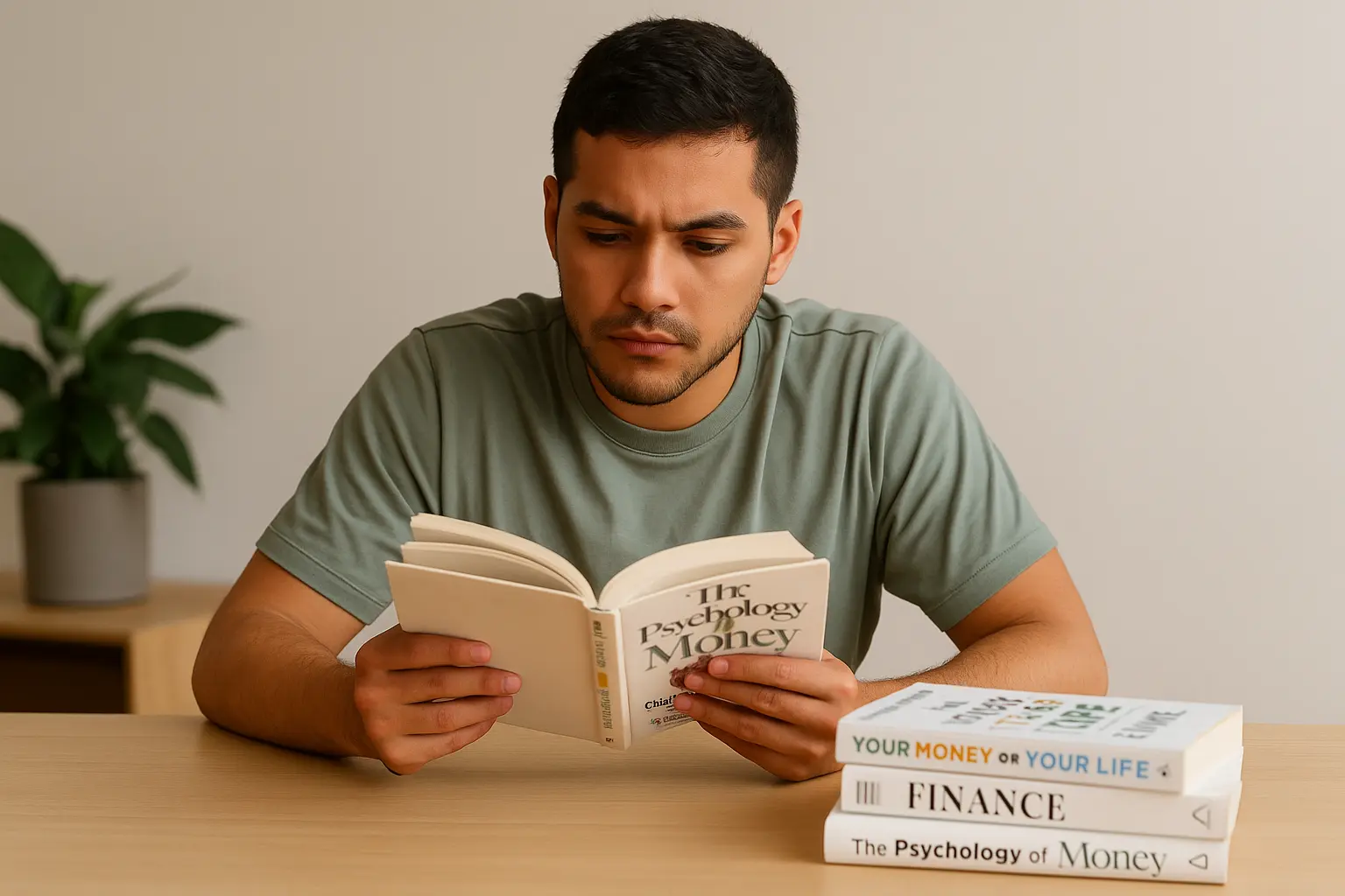 Persona joven leyendo libros recomendados de finanzas personales para jóvenes en una mesa sencilla
