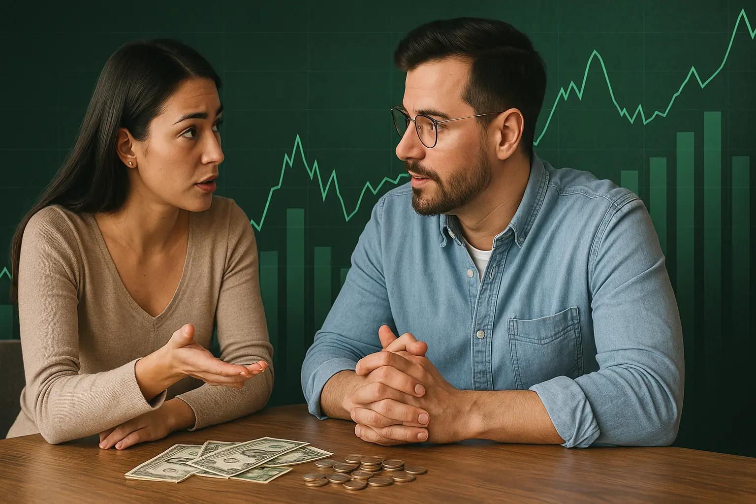 Pareja joven conversando sobre dinero en casa, en una atmósfera tranquila y de confianza, representando cómo hablar de finanzas personales en pareja sin conflictos. cómo hablar de dinero con tu pareja