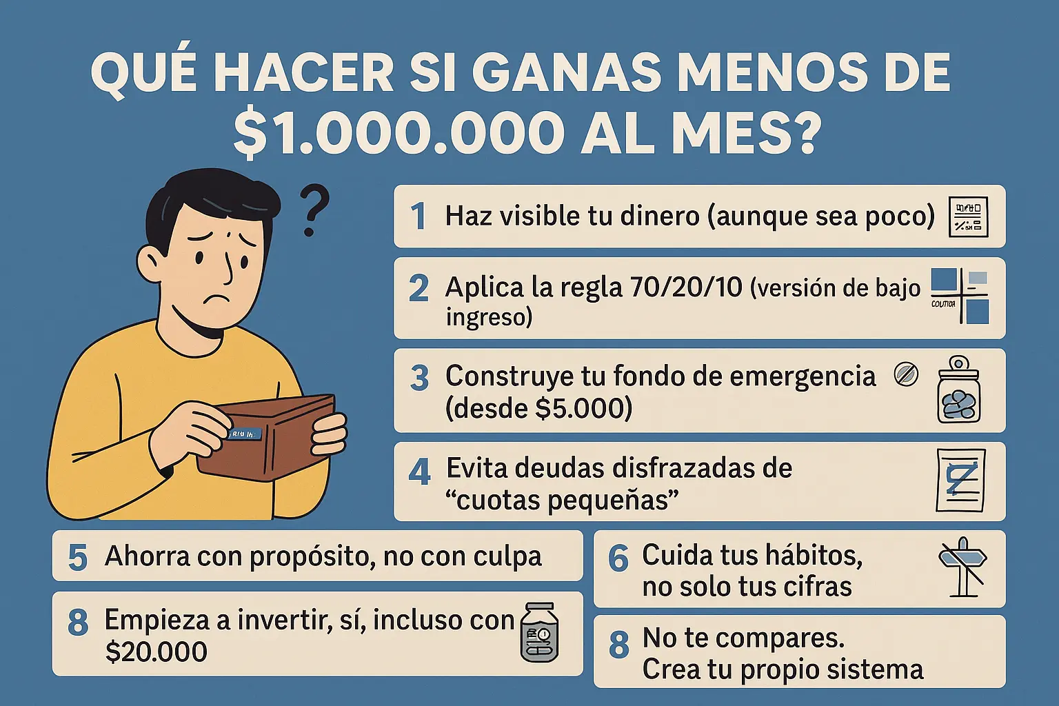 Infografía en español con fondo azul que muestra ocho pasos clave para organizar el dinero cuando se gana menos de $1.000.000 al mes en Colombia, incluyendo consejos sobre presupuesto, ahorro, inversión y control de hábitos financieros.
