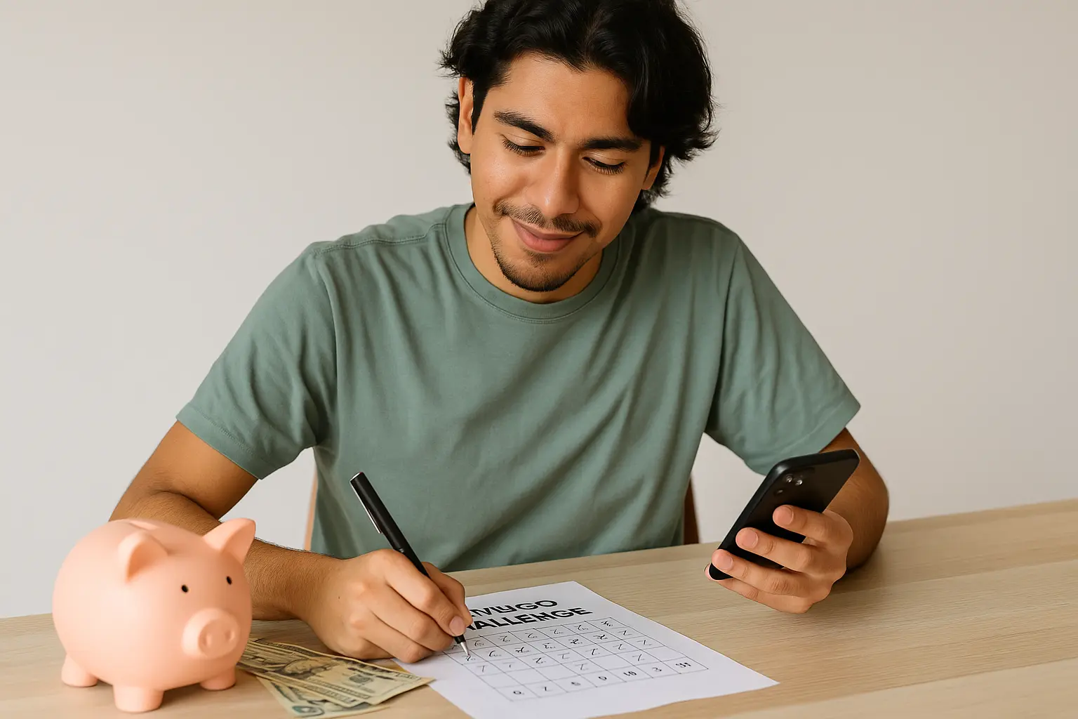 Persona joven organizando su dinero con retos de ahorro mensual