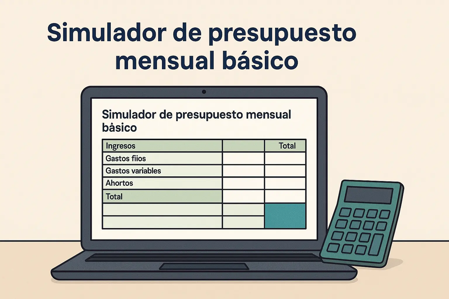 Laptop mostrando un simulador de presupuesto mensual básico para jóvenes que quieren controlar sus finanzas personales