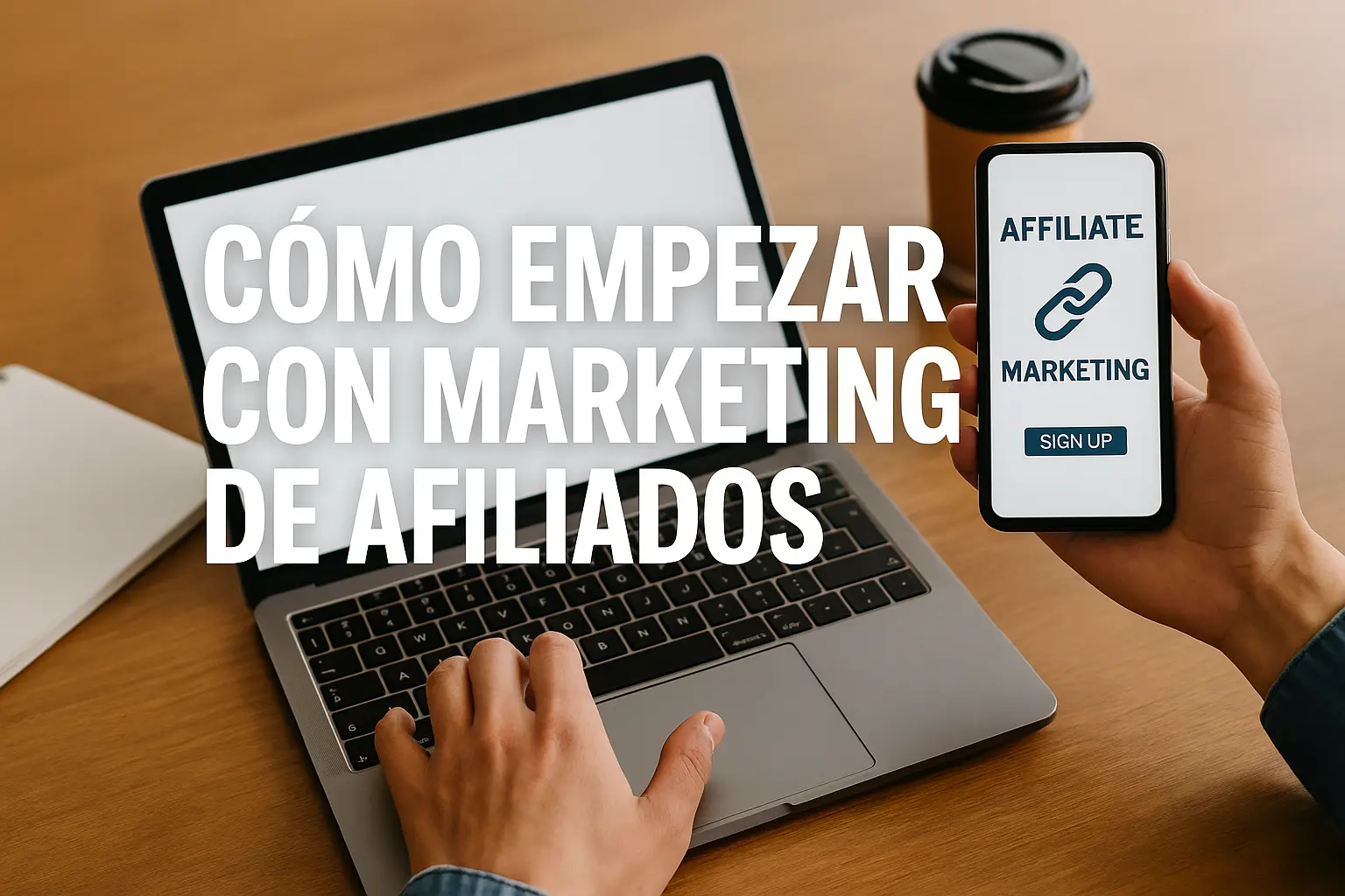 Persona usando laptop y celular para iniciar en el marketing de afiliados, con texto "Cómo empezar