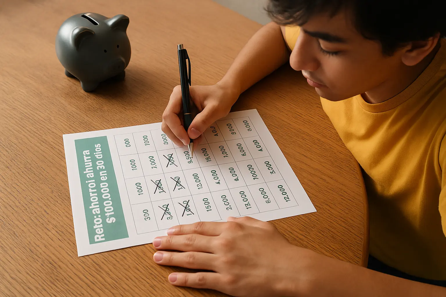 Joven completando reto de ahorrar $100.000 en 30 días con calendario imprimible